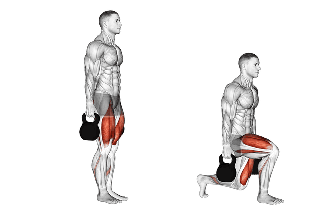 Fentes avec kettlebell Fentes avec kettlebell — exercice musculation