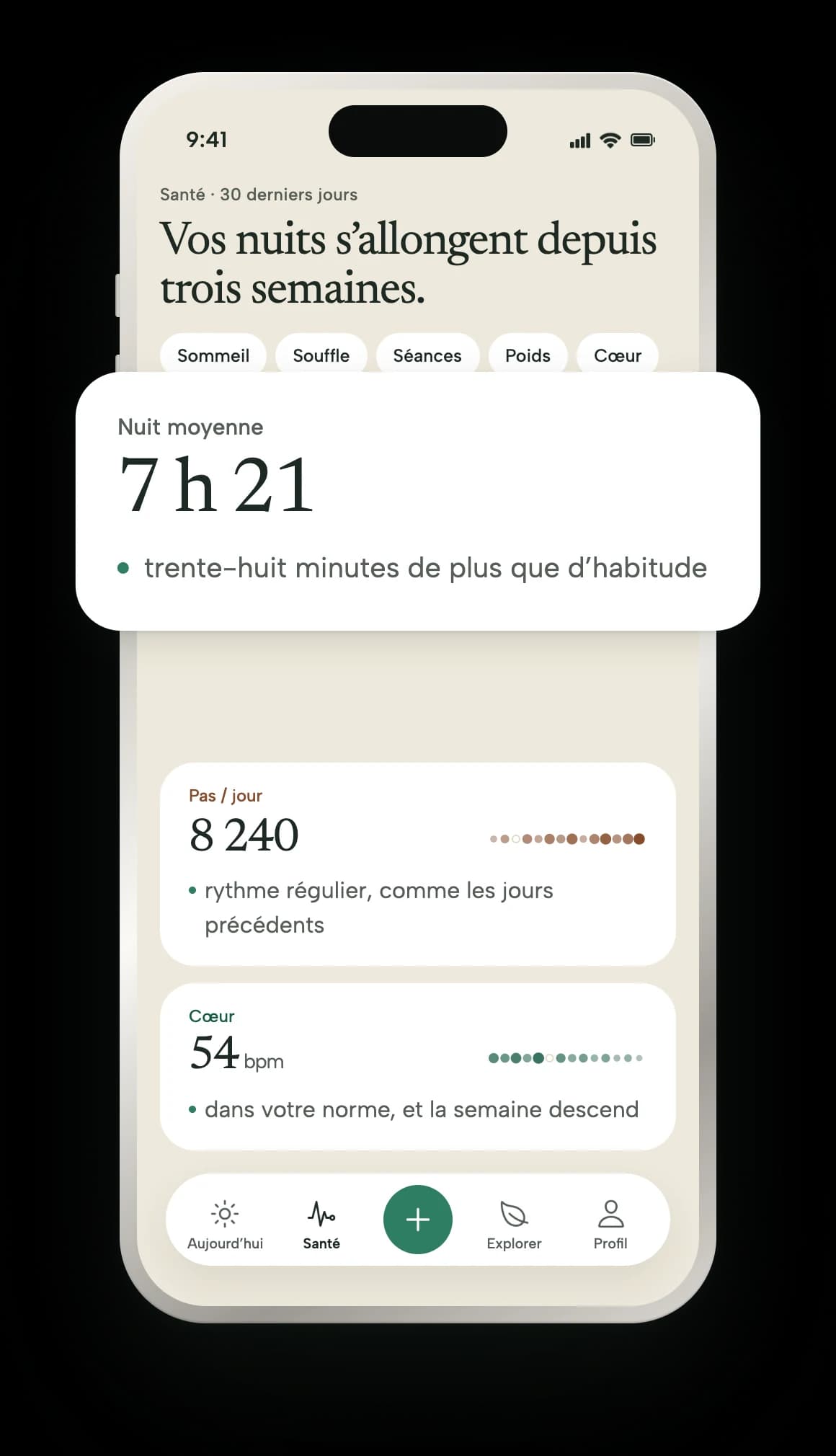 L’onglet Santé de l’app : nuit moyenne, pas par jour et cœur au repos, chacun avec sa phrase.