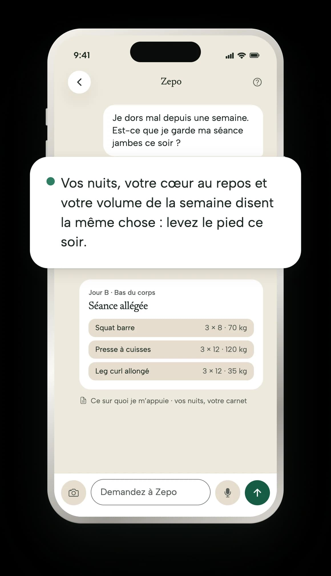 Une conversation avec Zepo : la réponse cite vos nuits et votre cœur au repos avant de proposer une séance allégée.