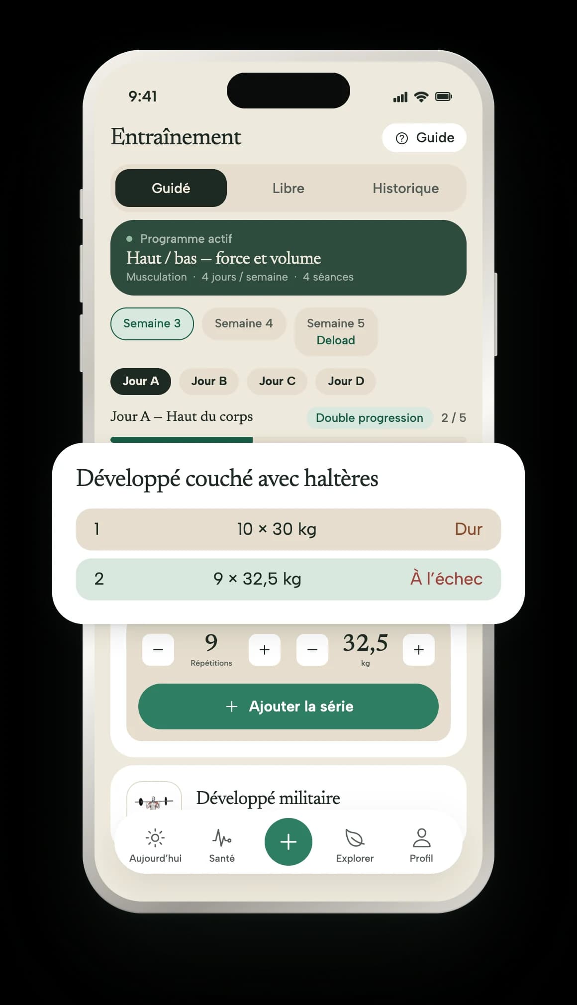 Le suivi d’une séance : l’exercice, la prescription, les séries déjà faites avec leur charge et leur effort.