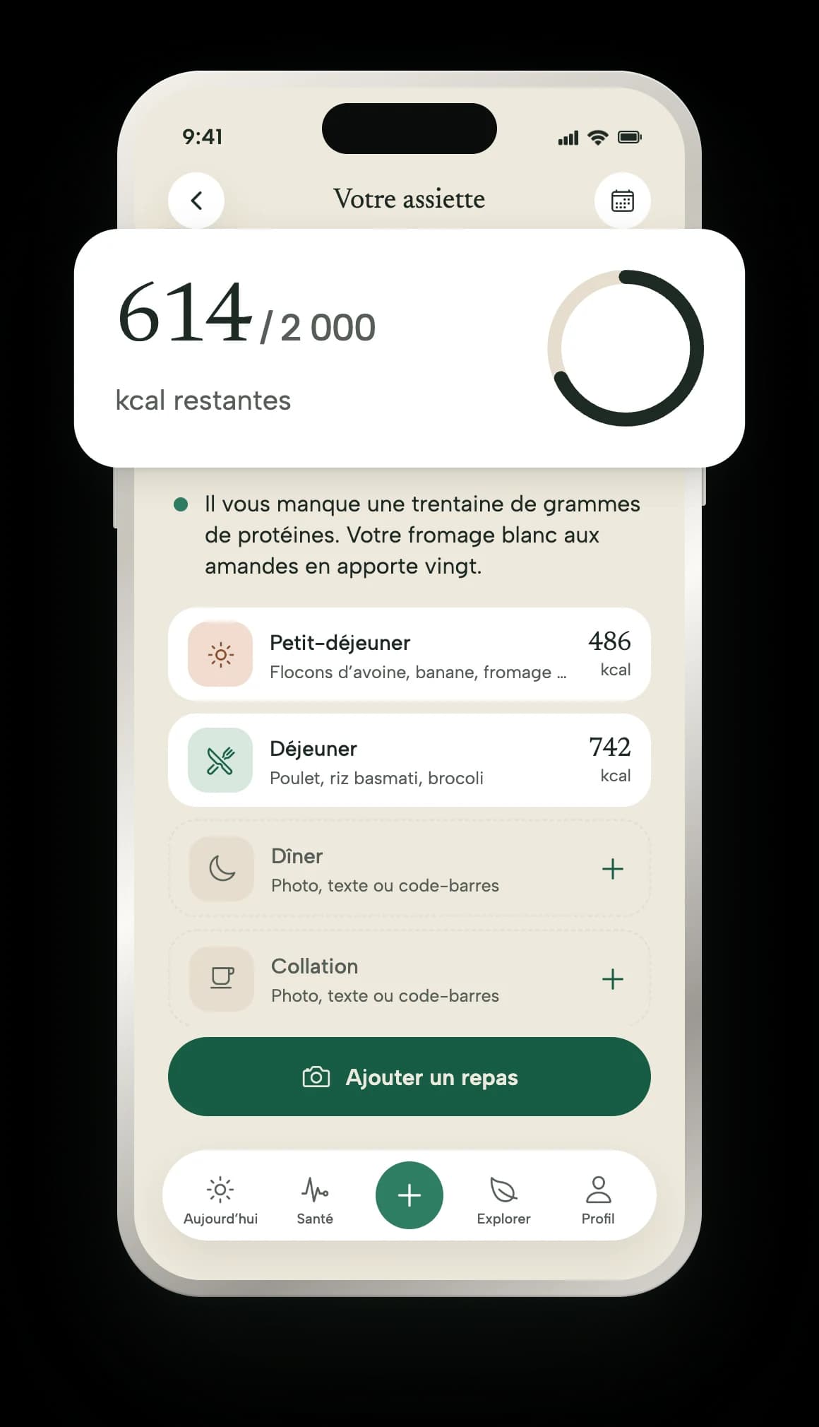 L’assiette du jour : l’anneau des calories restantes, la phrase de Zepo sur les protéines et les quatre repas de la journée.