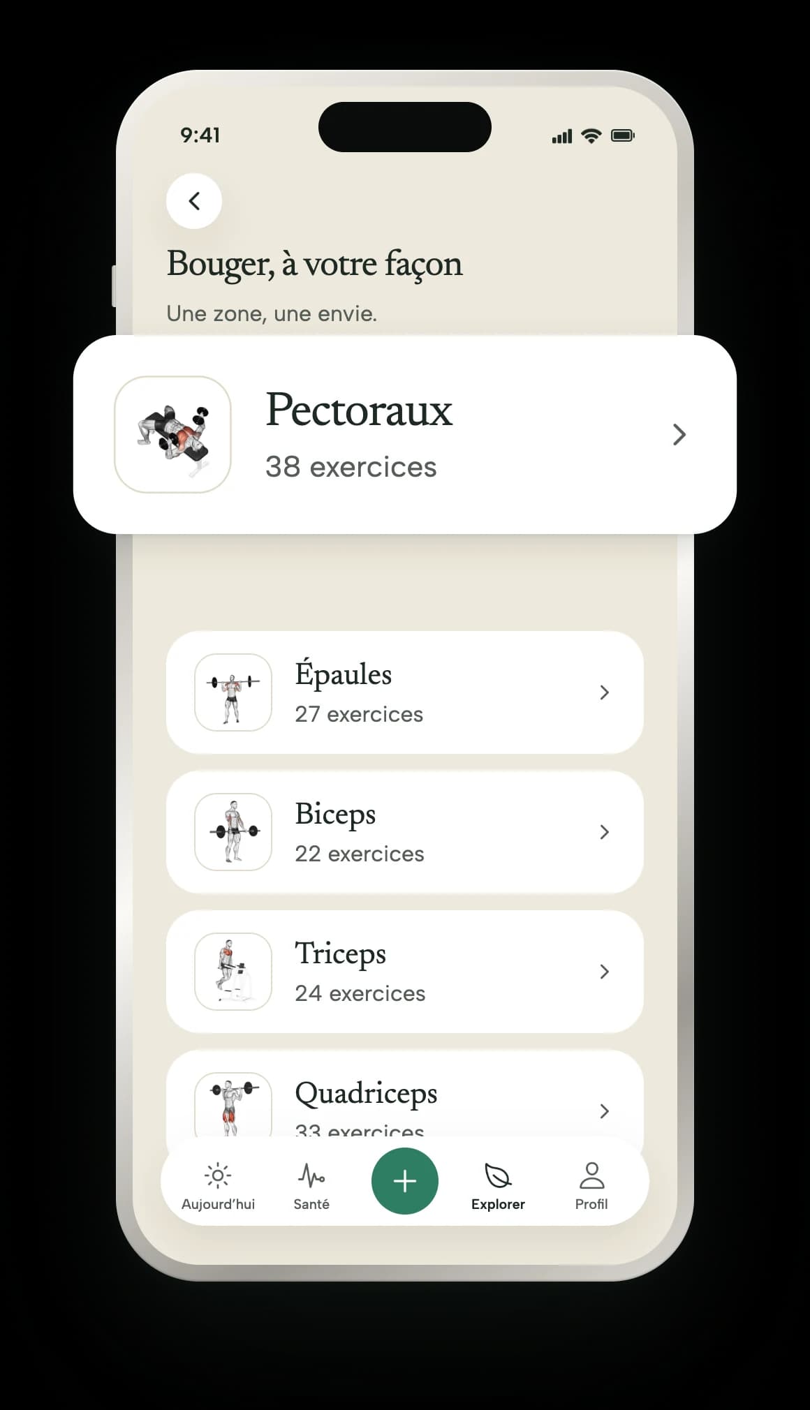 La bibliothèque d’exercices : des fiches illustrées classées par groupe musculaire, avec le nombre d’exercices de chacun.