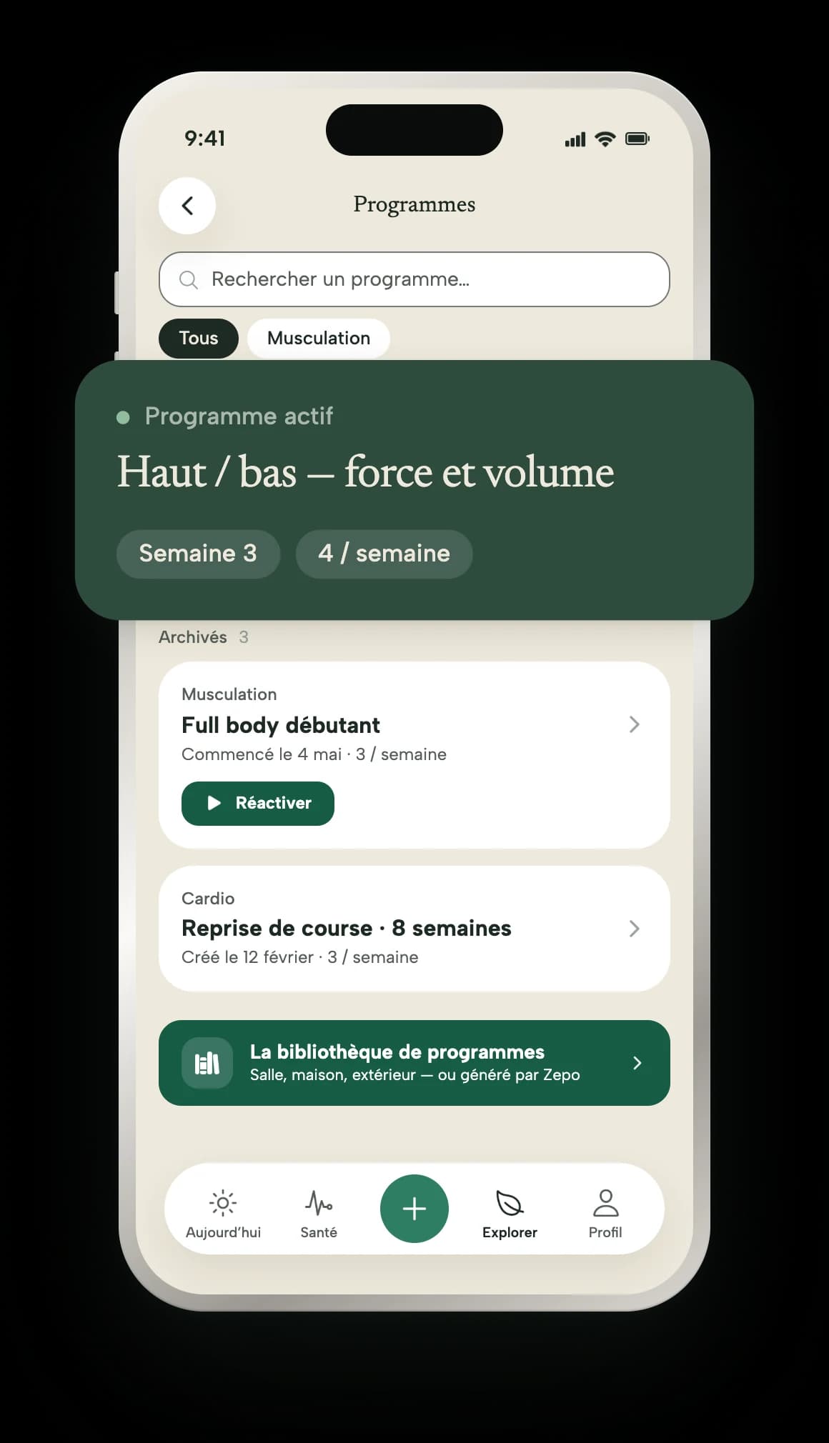 Les programmes : celui en cours avec sa semaine et sa fréquence, les programmes archivés, et la bibliothèque.