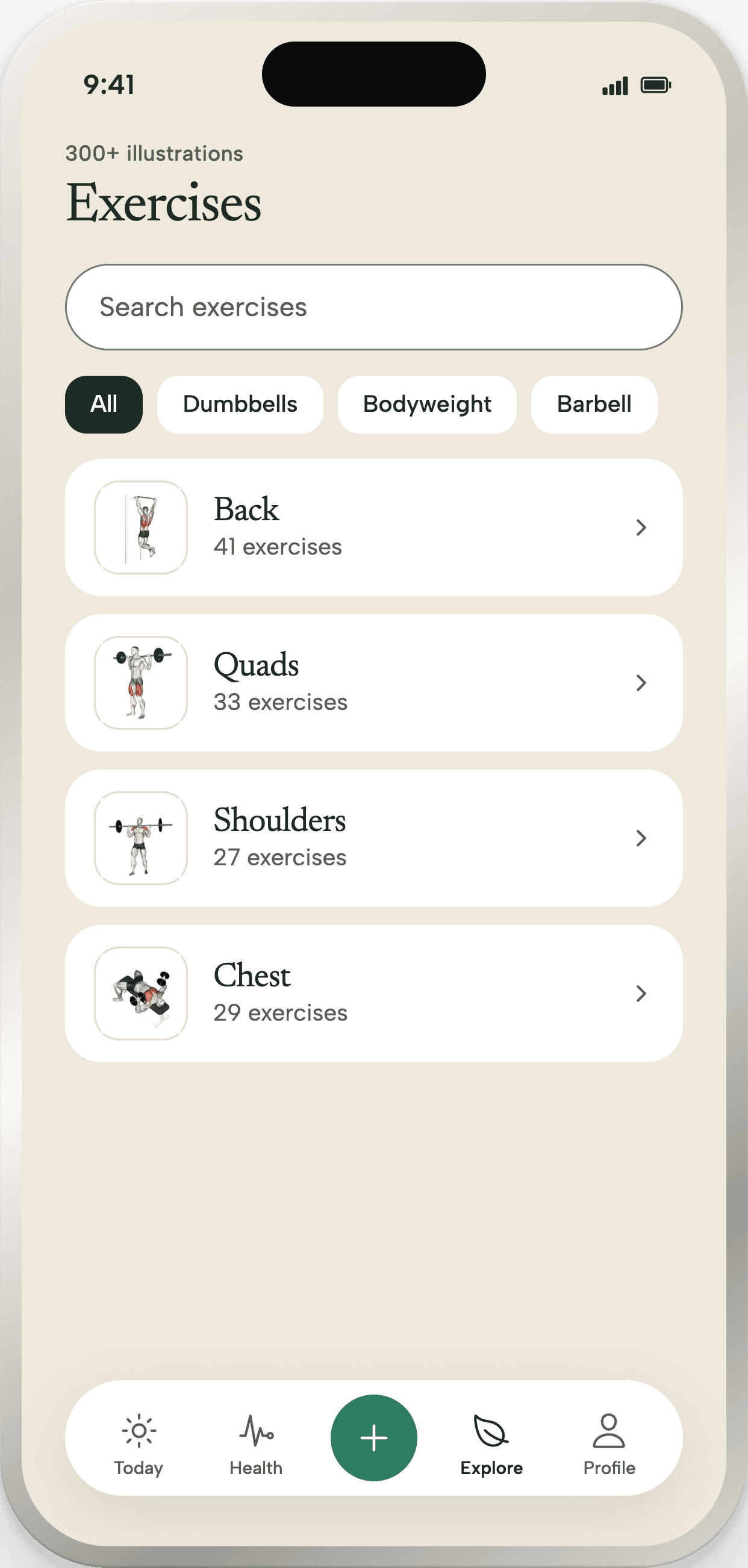 The exercise library: a search field, equipment filters, and the body areas with their illustration and number of exercises.