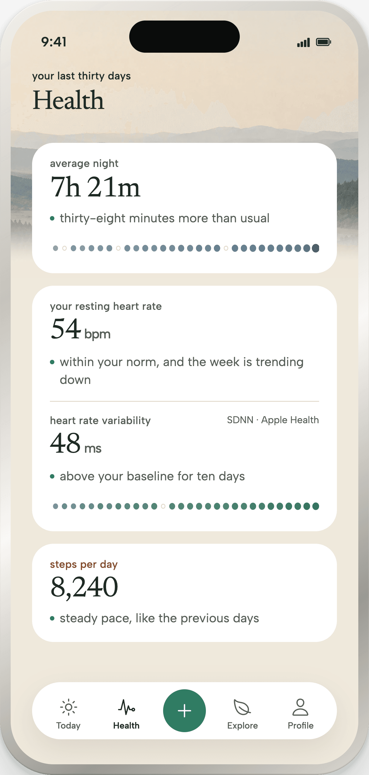 The app’s Health screen: average night, resting heart rate, heart rate variability and daily steps, each with its reading.