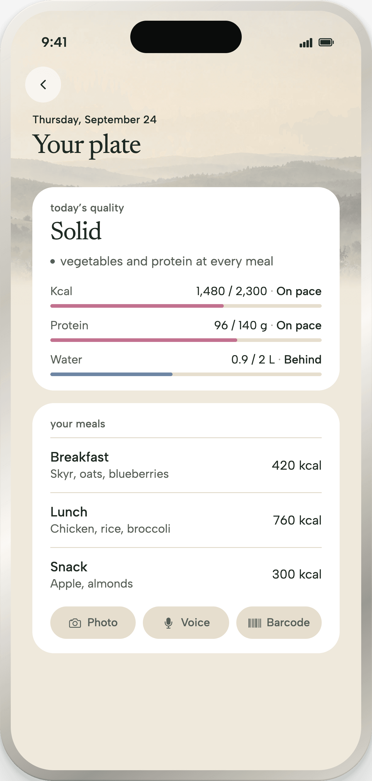 The Your plate screen: today’s quality, three bars for calories, protein and water, then the list of meals and the three ways to add one.
