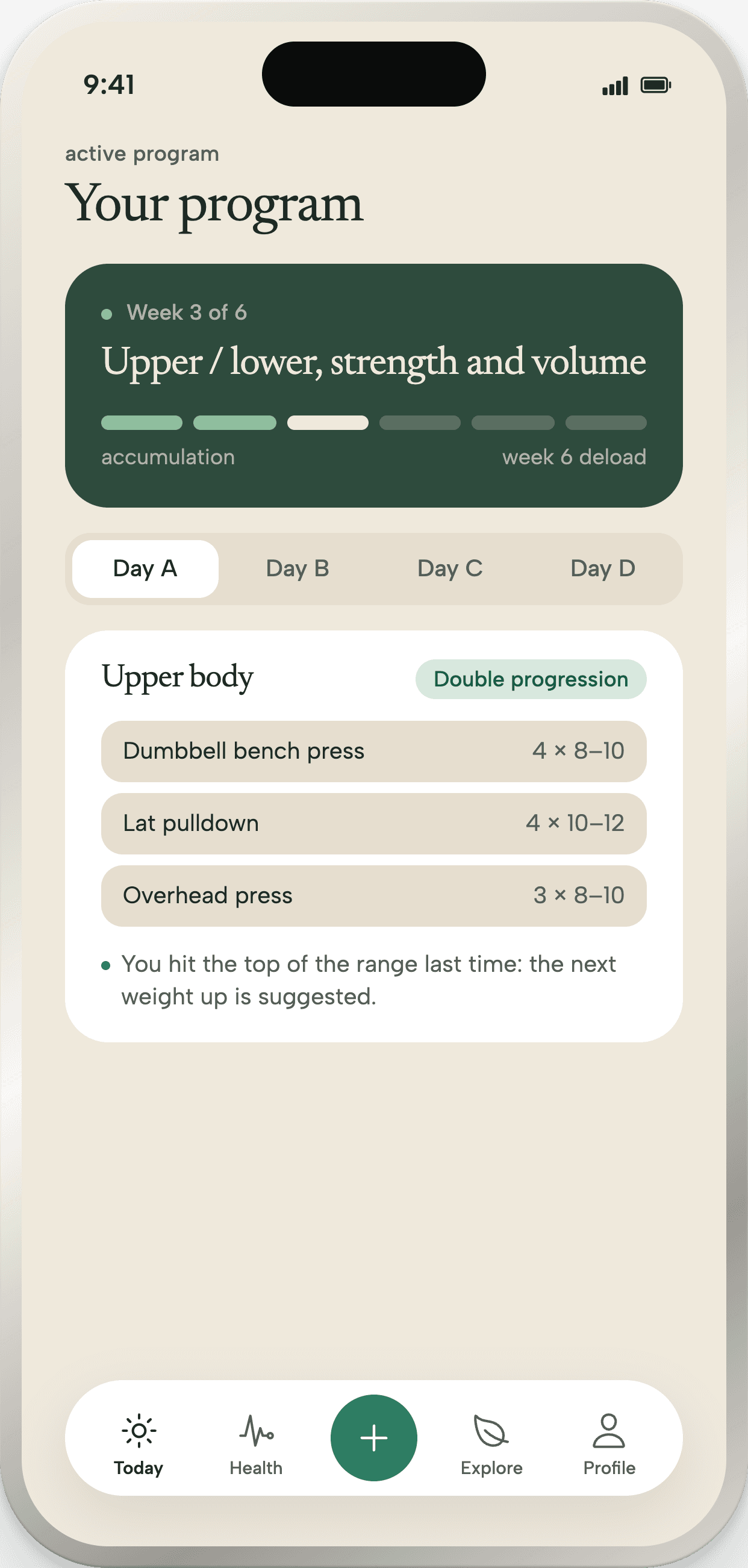 The active program: week three of six, the days as tabs, and the chosen day with its exercises and progression rule.