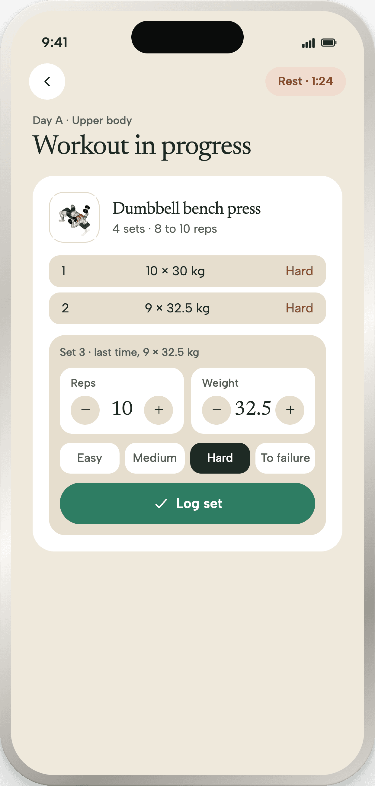 A workout in progress: dumbbell bench press, two logged sets, the reps and weight steppers, the four effort levels and the button that confirms the set.