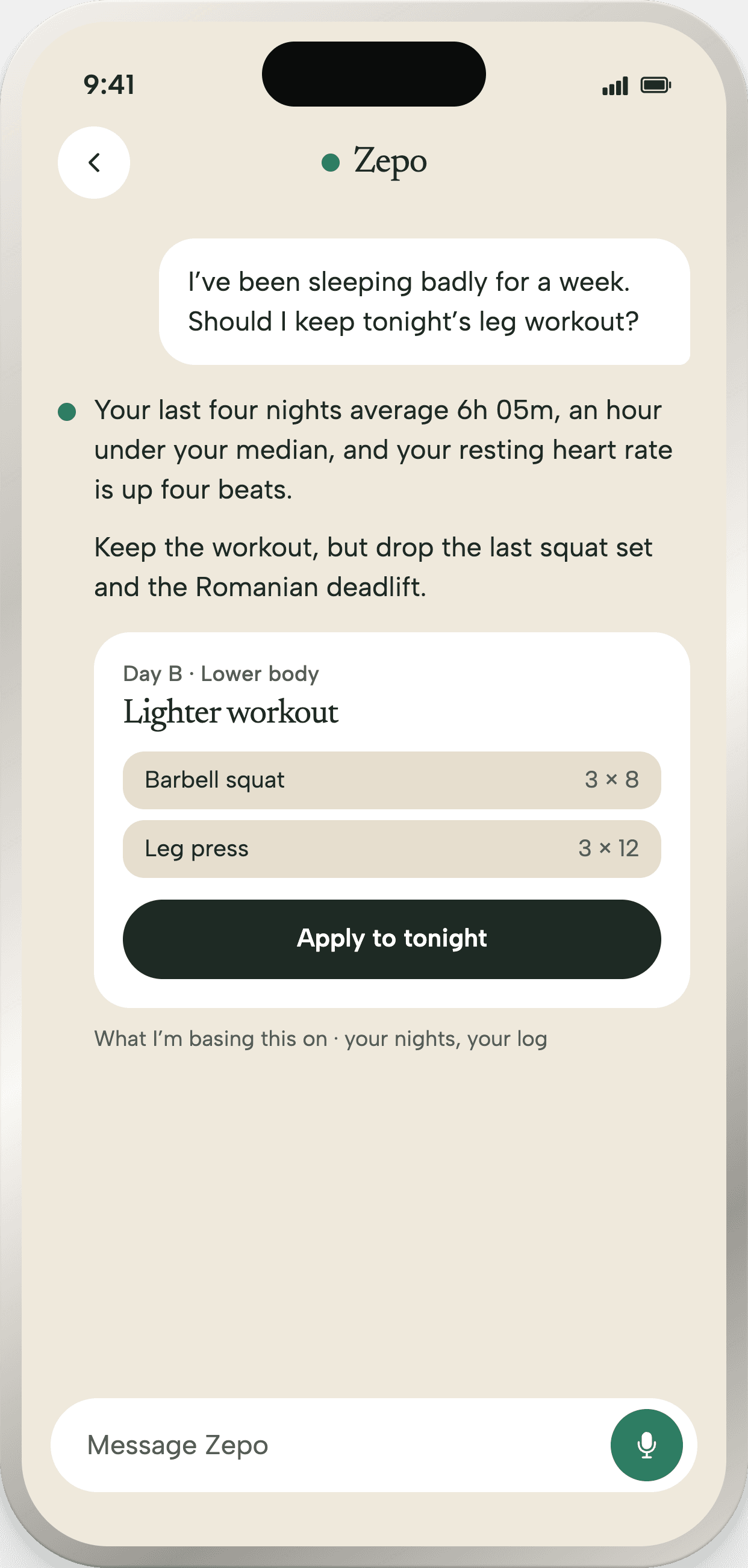 A conversation with Zepo: asked about sleep, it answers by citing your nights and resting heart rate, then offers a lighter workout to apply tonight.
