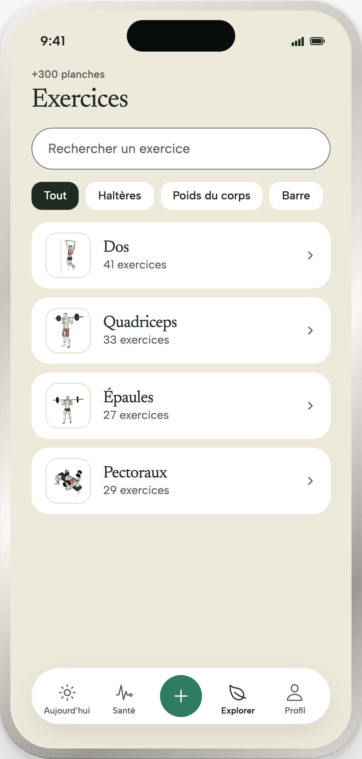 La bibliothèque d’exercices : une recherche, des filtres par matériel, et les zones du corps avec leur planche et leur nombre d’exercices.