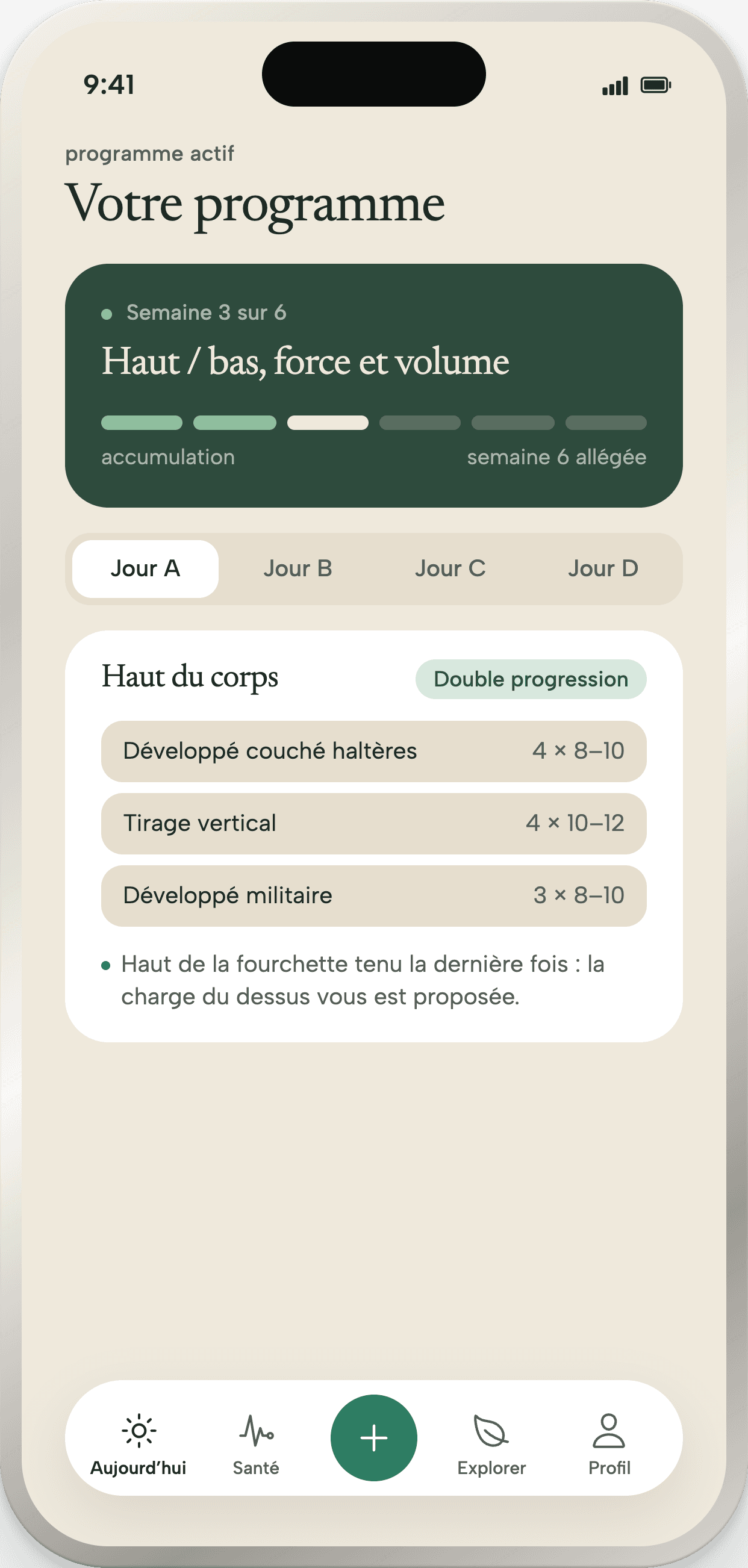 Le programme actif : la semaine trois sur six, les jours en onglets, et le jour choisi avec ses exercices et sa règle de progression.