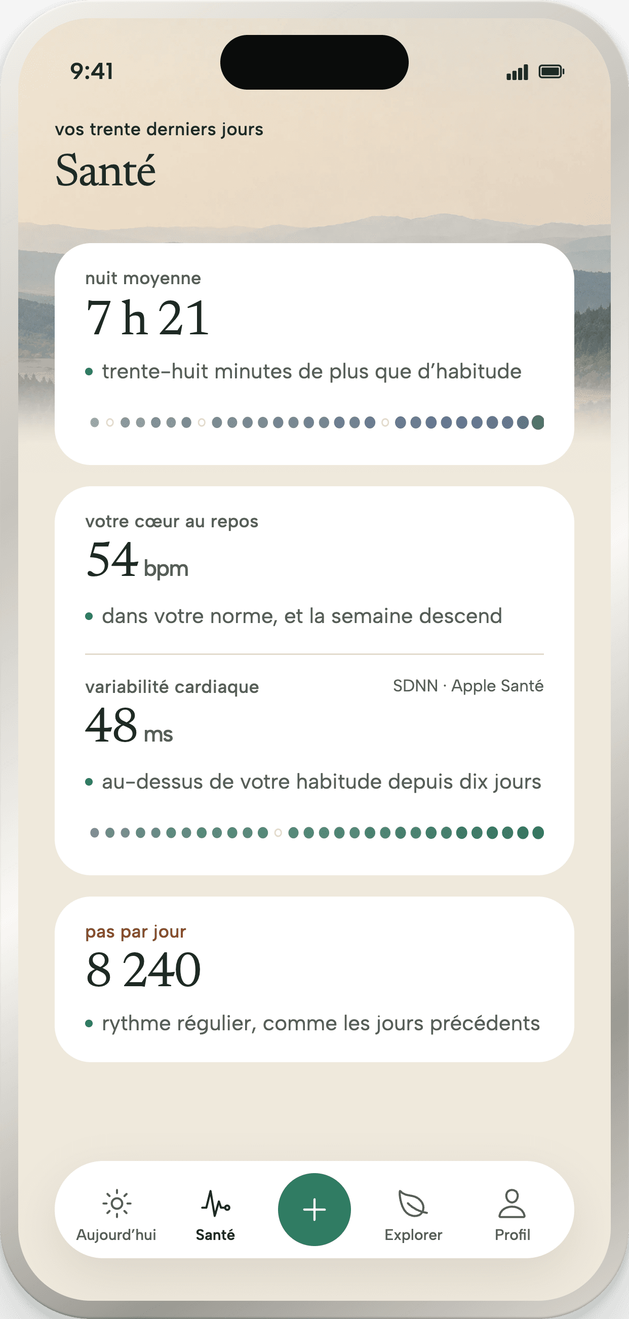 L’écran Santé de l’app : nuit moyenne, cœur au repos, variabilité cardiaque et pas par jour, chacun avec sa phrase de lecture.