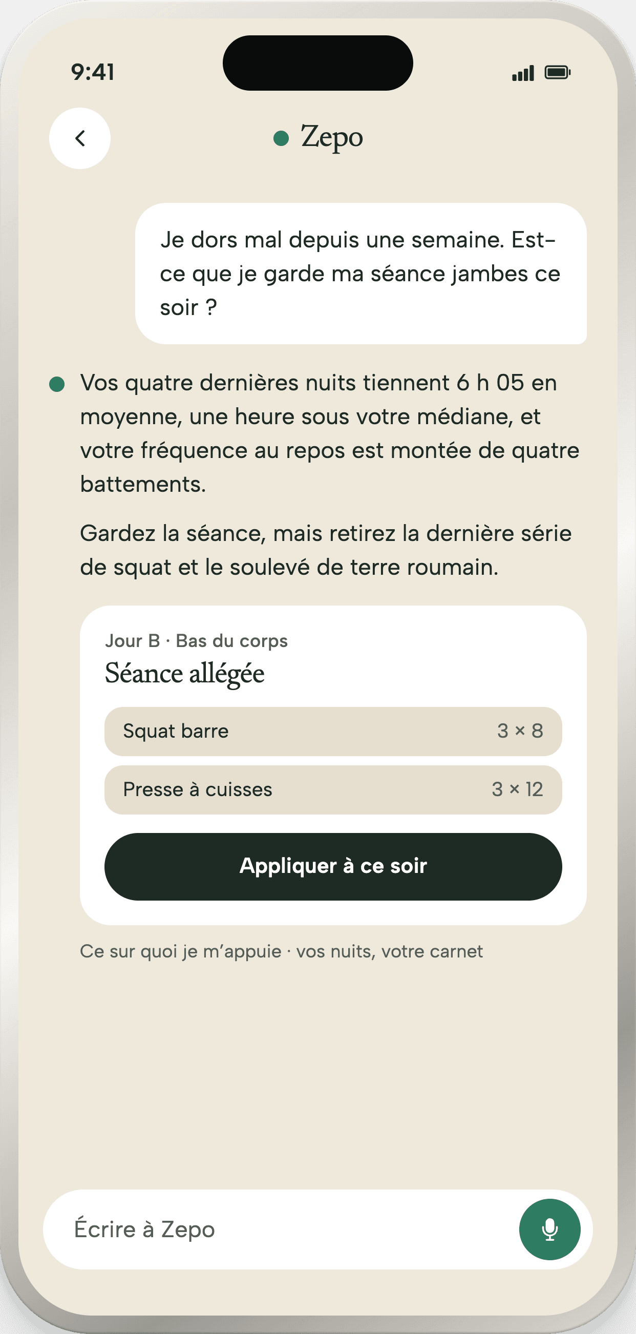 Une conversation avec Zepo : à une question sur le sommeil, il répond en citant vos nuits et votre cœur au repos, puis propose une séance allégée à appliquer ce soir.