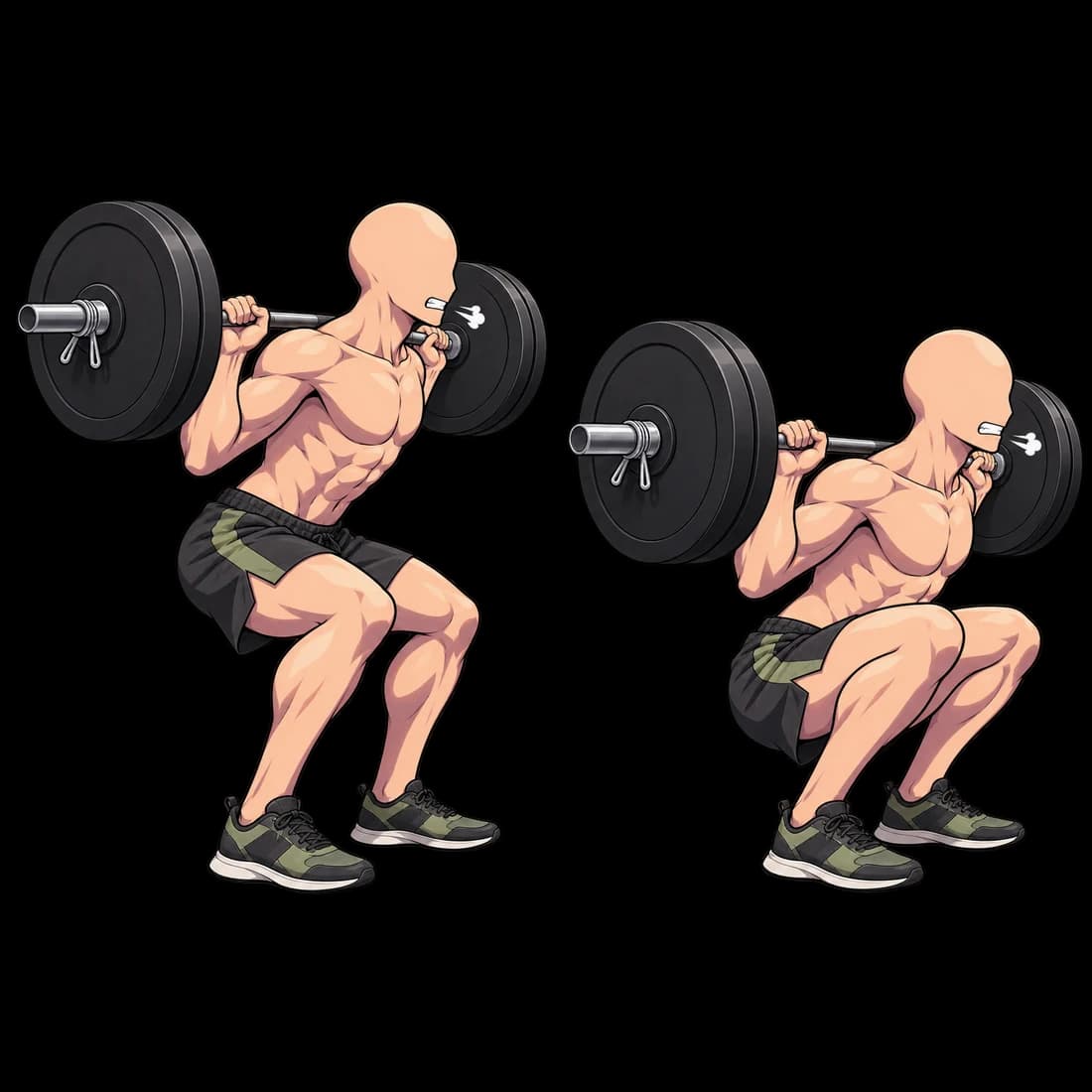 Deux positions de squat avec barre, à des profondeurs différentes.
