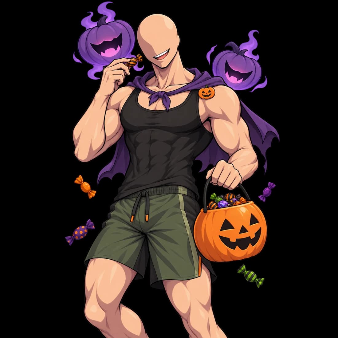 Personnage en tenue d’Halloween avec un panier de bonbons.