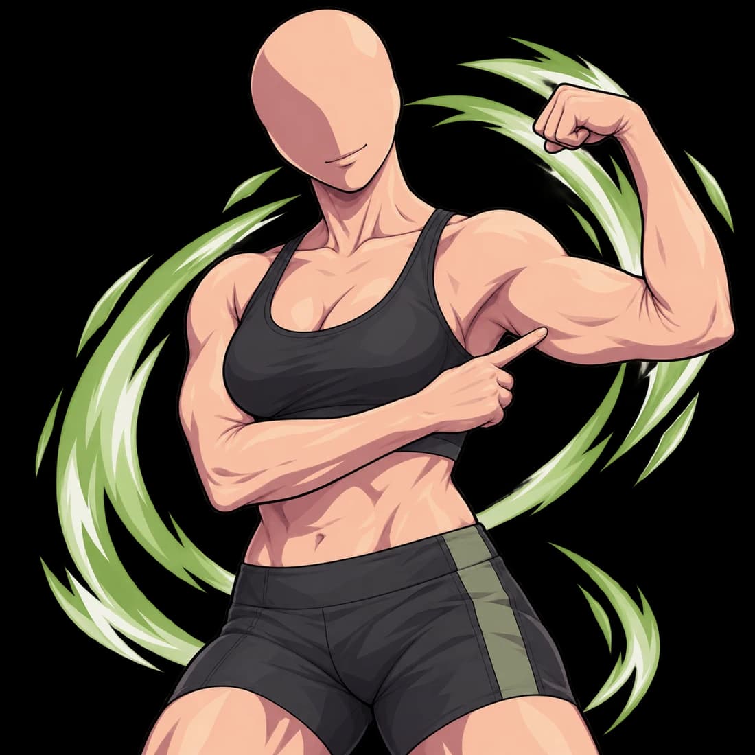 A character pointing to a flexed upper arm.