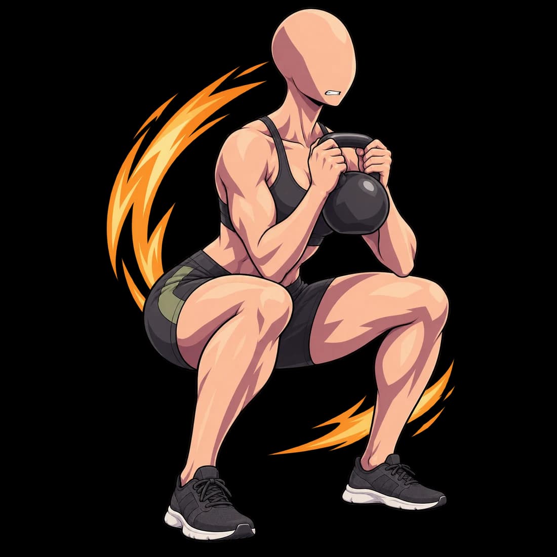 A character performing a kettlebell goblet squat.