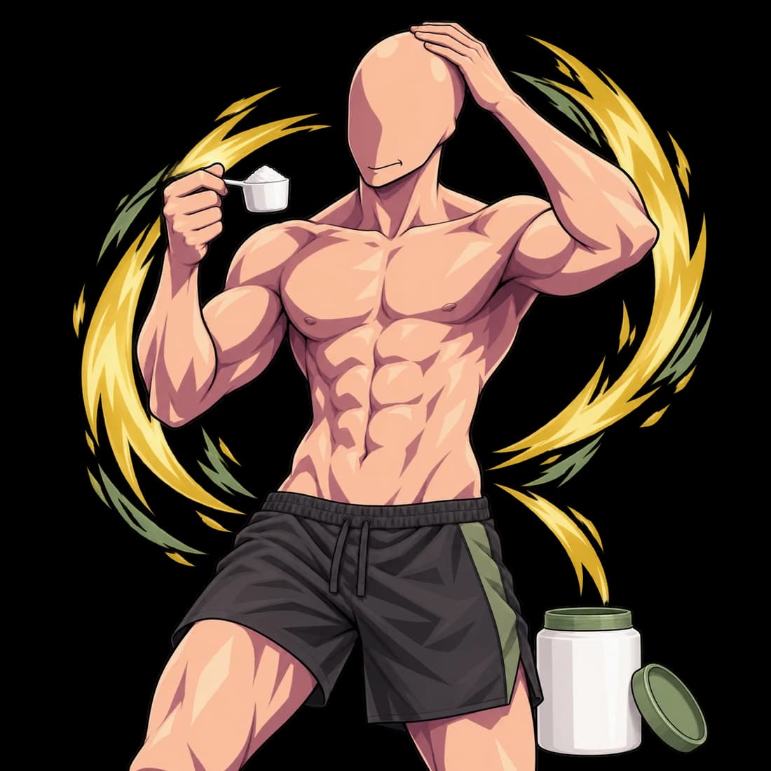 A character holding a creatine scoop with the other hand on their head.