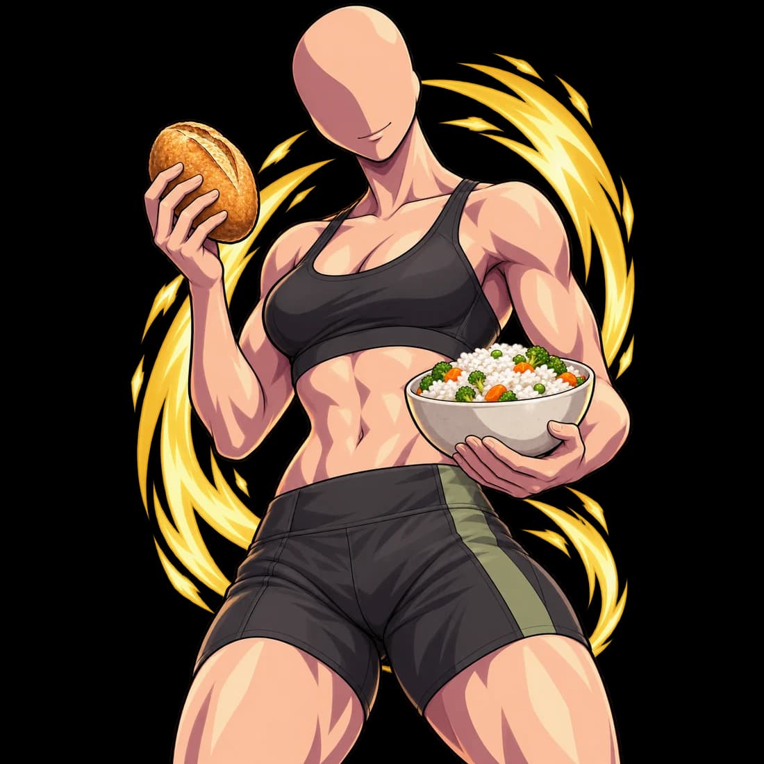 A character holding bread and a bowl containing a mixed meal.