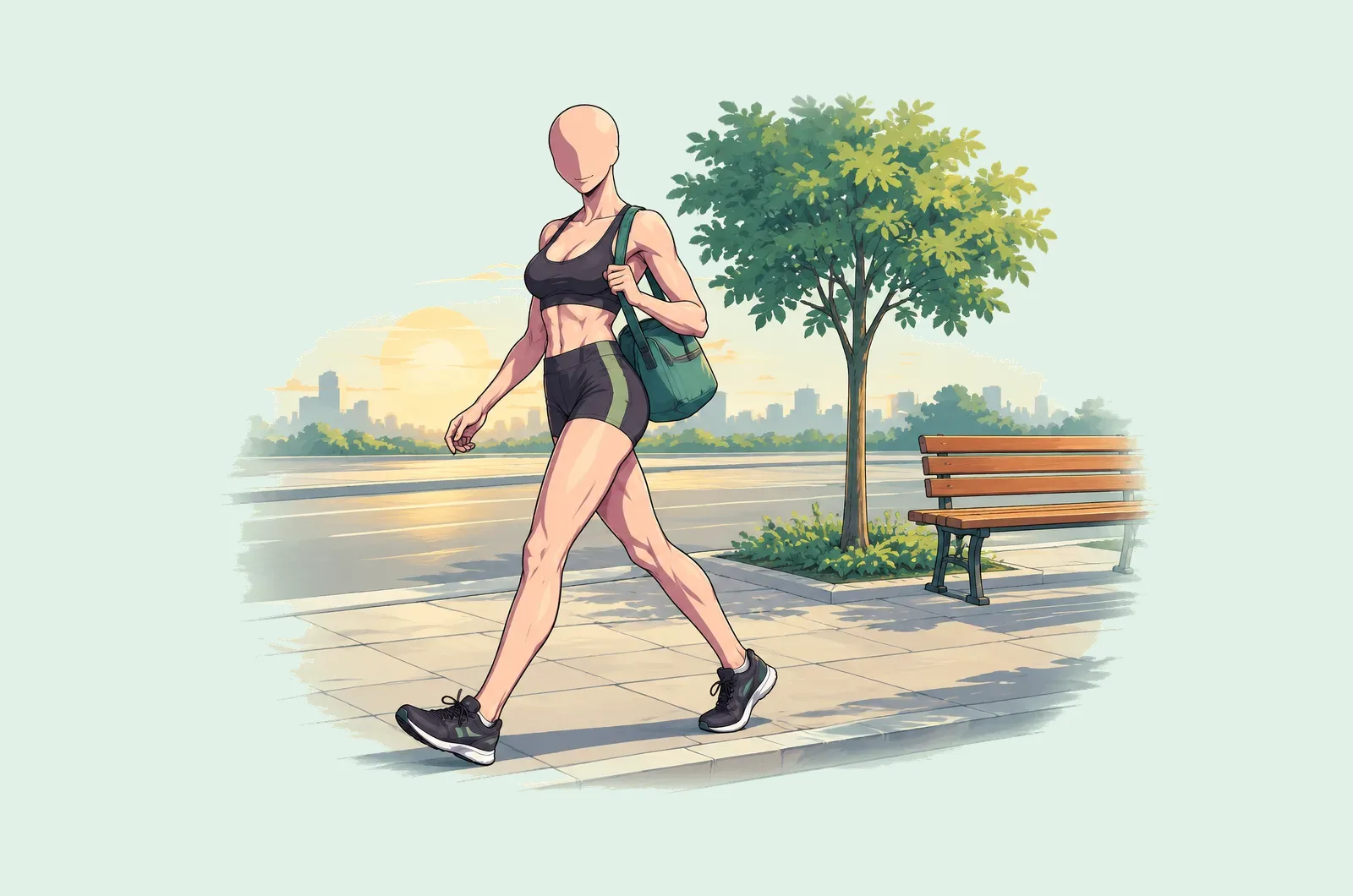 Femme qui marche d’un pas vif sur un trottoir au petit matin, un sac de sport à l’épaule.
