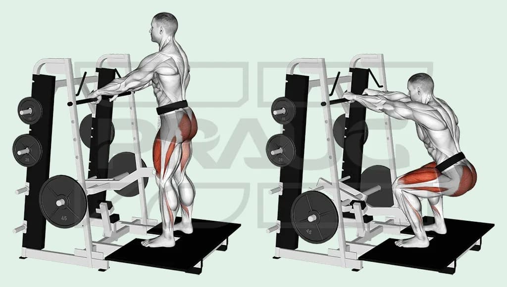 Homme debout sur la plateforme d’une machine à belt squat, ceinture autour des hanches reliée à la charge, mains sur la barre d’appui, debout puis en position basse.