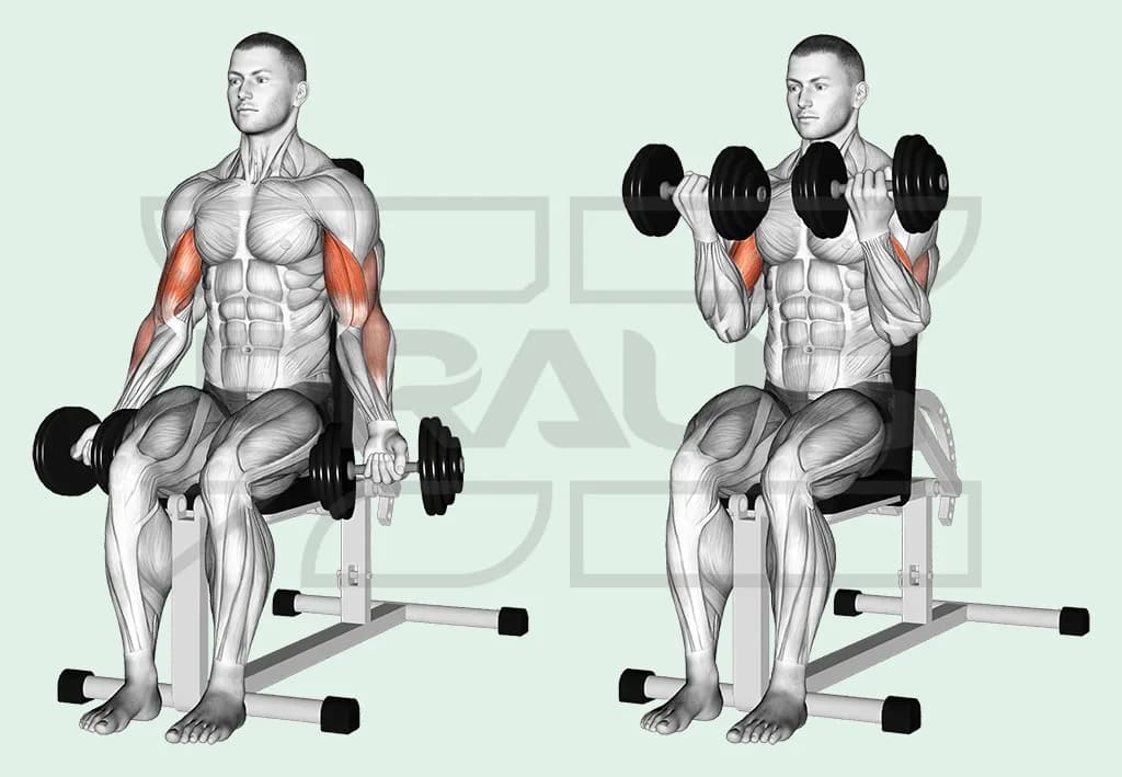 Illustration anatomique d’un curl haltères assis sur un banc à dossier vertical : haltères en bas bras tendus, puis montés devant les épaules, biceps surlignés en rouge.