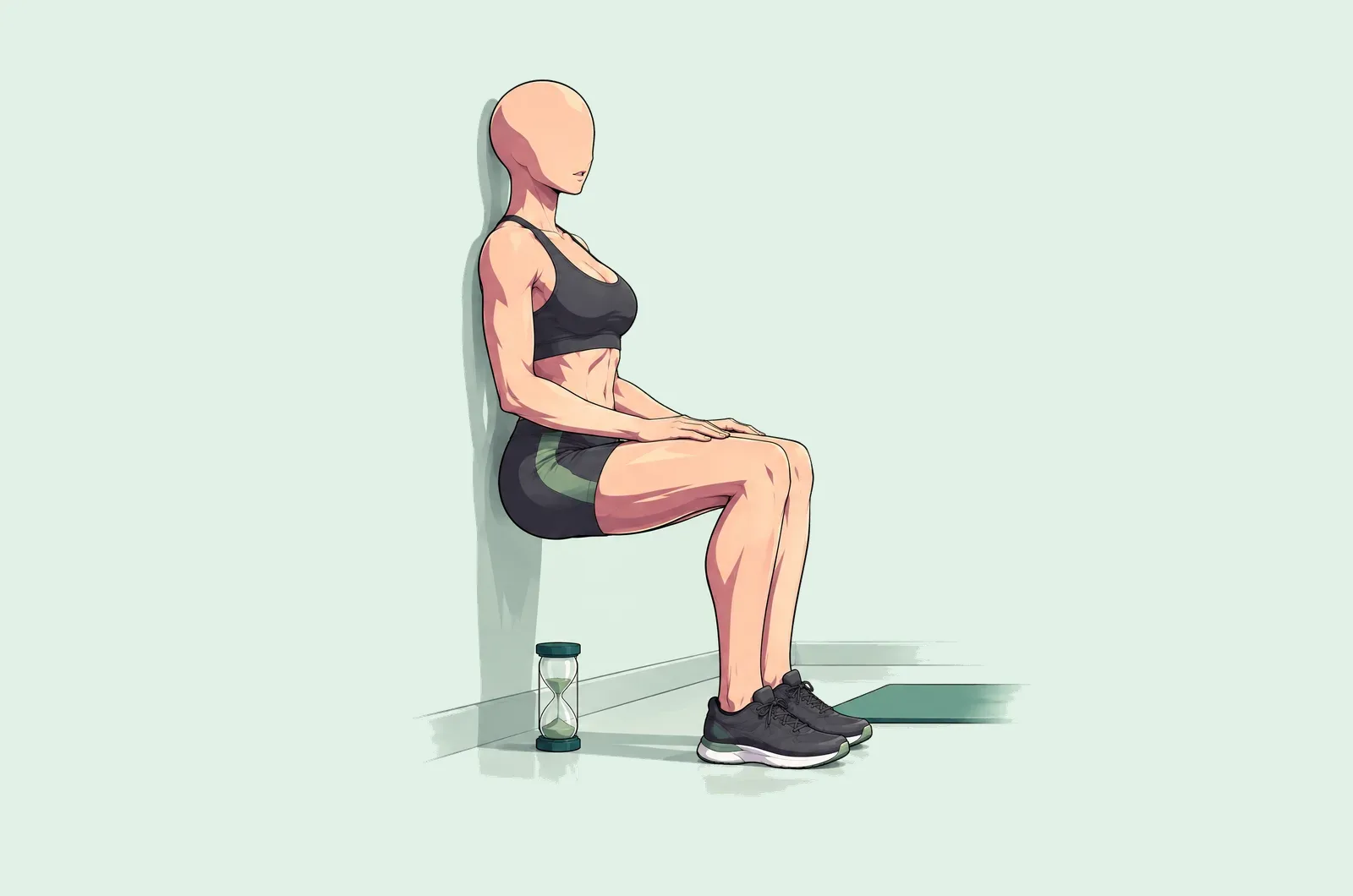 Femme immobile en chaise contre un mur, cuisses à l’horizontale, un sablier posé au sol à côté d’elle.