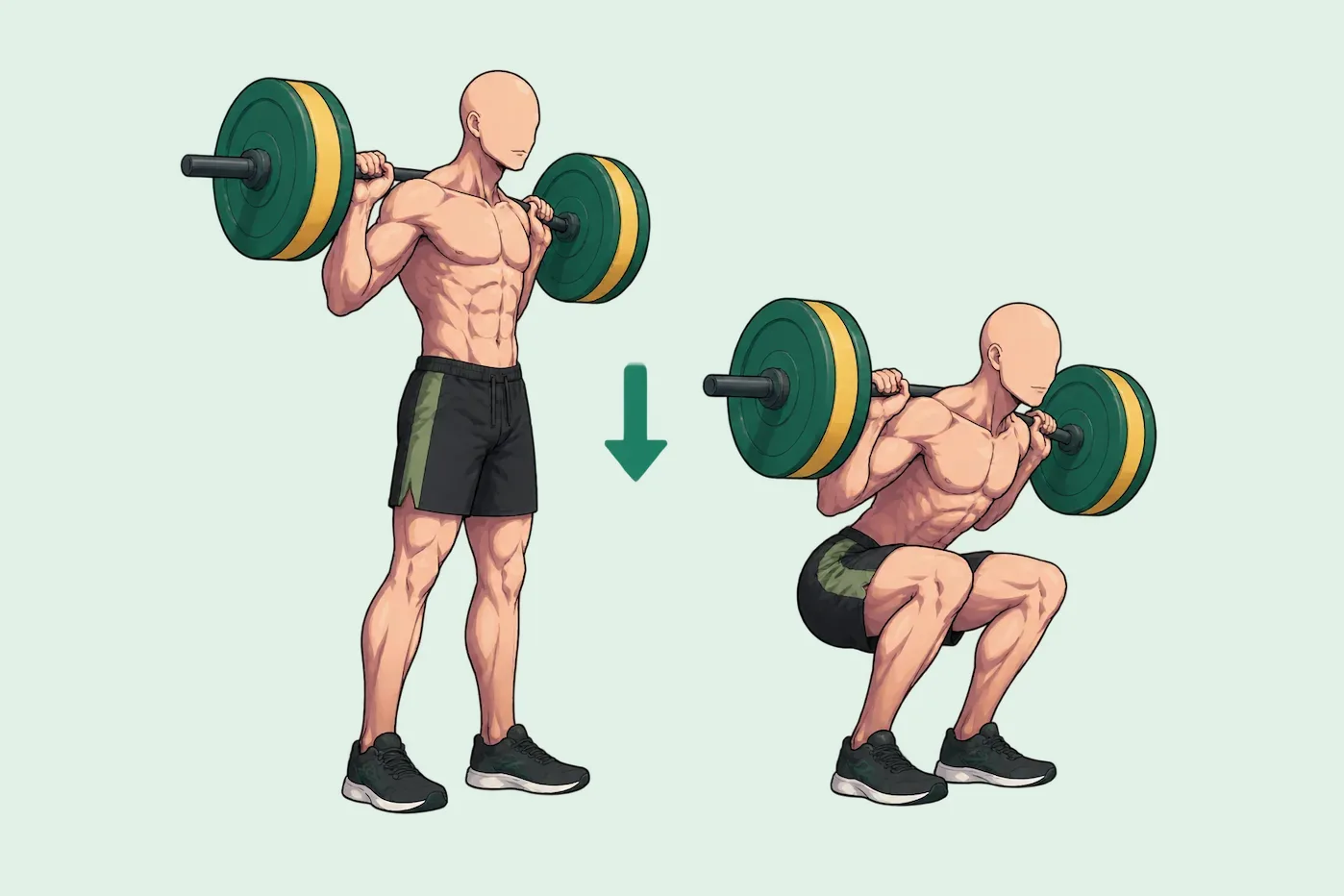 Homme qui fait un squat à la barre avec une pause en bas : debout, la barre sur le haut du dos, puis immobile en position basse, cuisses à l’horizontale.
