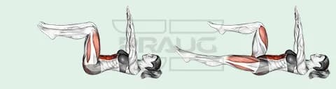 Pratiquante allongée sur le dos, bras tendus vers le plafond et genoux pliés à angle droit, puis une jambe allongée près du sol, abdominaux en rouge.