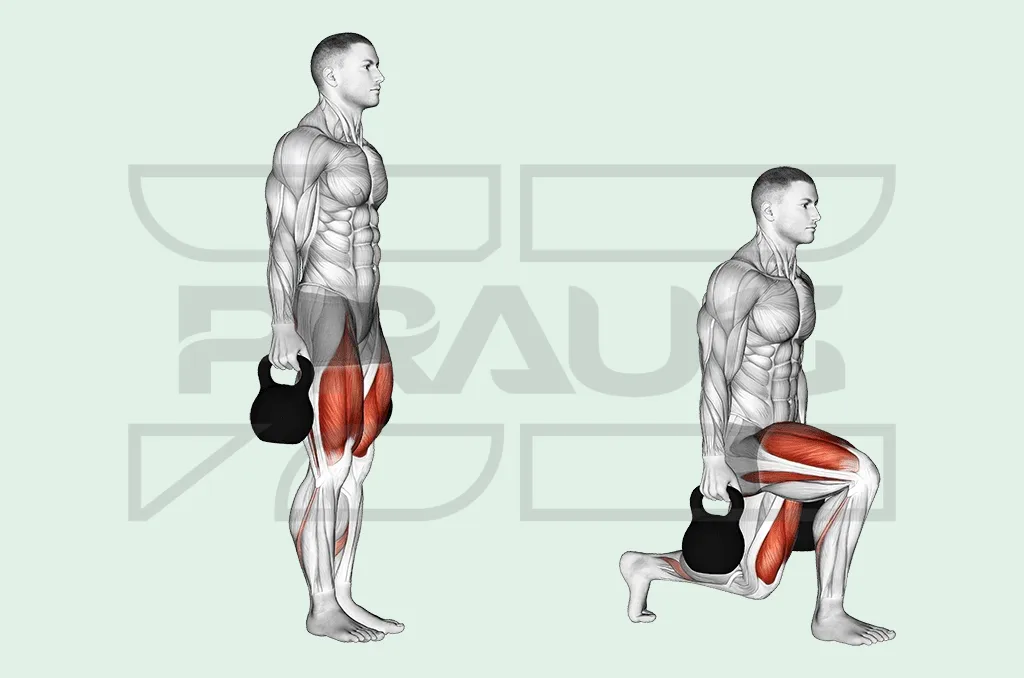 Homme debout tenant une kettlebell d’une main le long du corps, puis en fente, genou arrière près du sol, quadriceps et fessiers colorés.