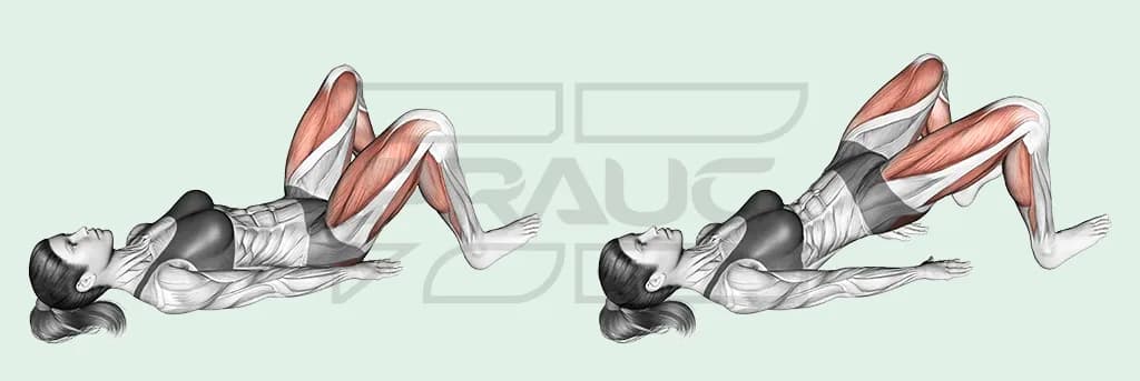 Femme allongée sur le dos, genoux pliés et pieds à plat, en deux temps : bassin au sol, puis bassin levé dans l’alignement des cuisses et du buste, fessiers et cuisses surlignés.