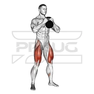 Animation du goblet squat : descente en squat profond avec une kettlebell tenue contre la poitrine, puis remontée.