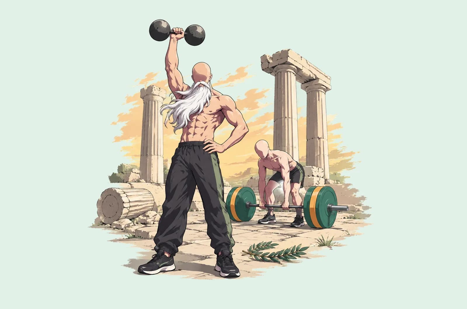 Vieil homme barbu qui soulève un haltère à boules devant des colonnes antiques, pendant qu’un homme d’aujourd’hui pose une barre olympique derrière lui.