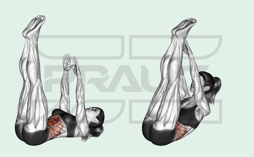 Pratiquante allongée sur le dos, jambes tendues à la verticale, bras tendus vers le plafond, puis buste enroulé et mains vers les pieds, abdominaux en rouge.