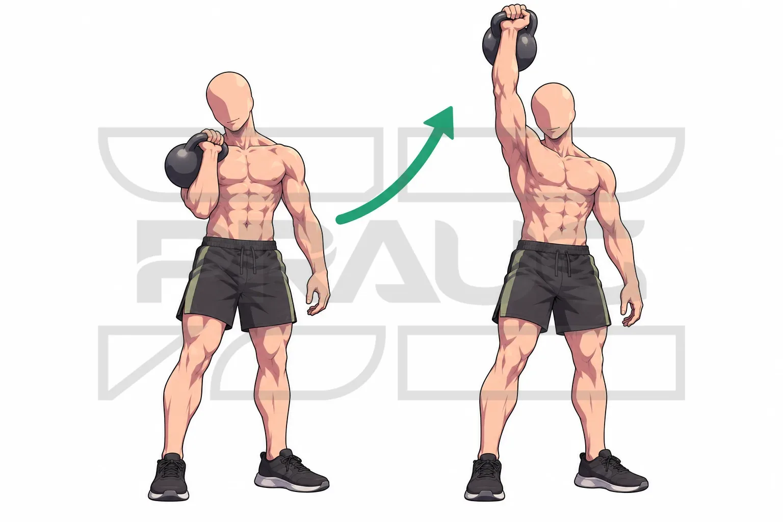 Clean and press à la kettlebell : kettlebell en position rack contre la poitrine, puis développée bras tendu au-dessus de l’épaule.