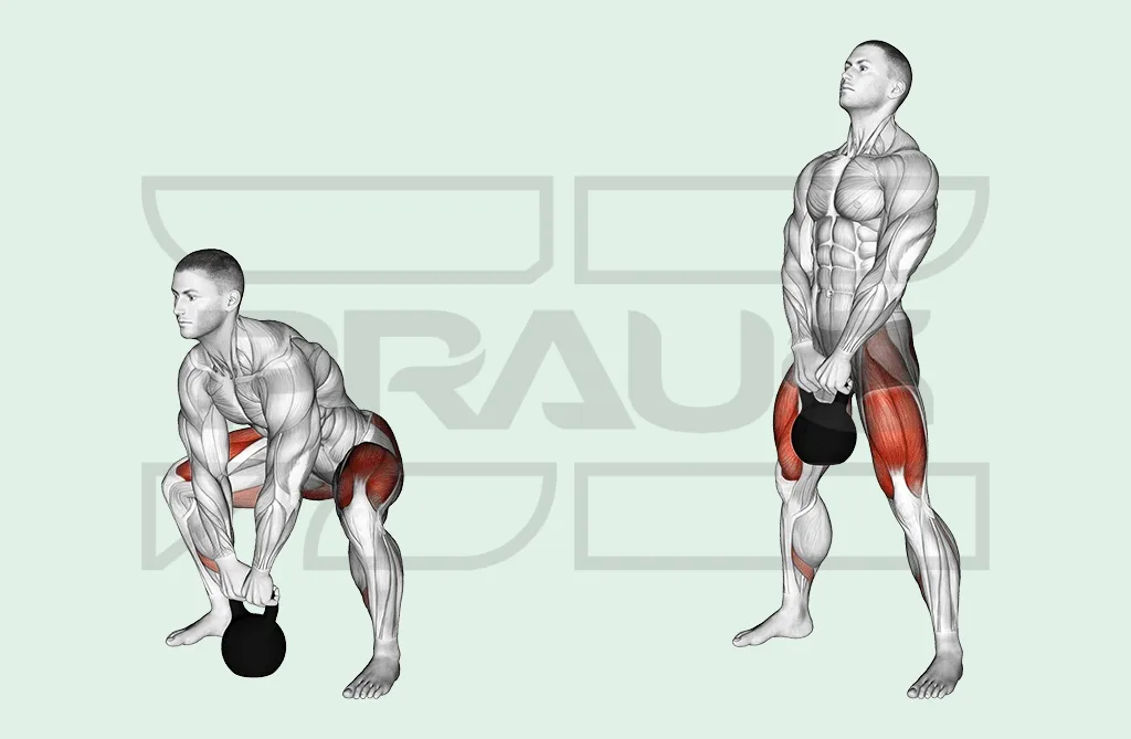 Soulevé de terre sumo avec kettlebell : pieds très écartés, pointes ouvertes, kettlebell tenue entre les jambes.