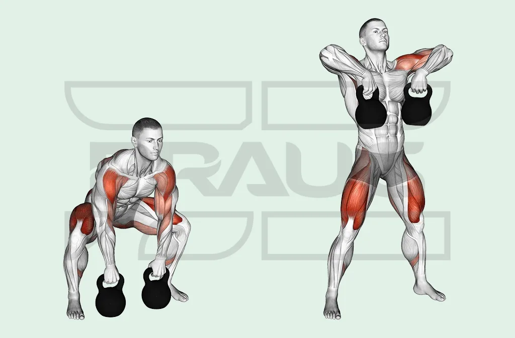 Homme accroupi pieds écartés, une kettlebell dans chaque main près du sol, puis debout, kettlebells tirées à hauteur de poitrine, coudes hauts.