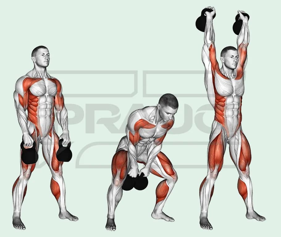 Double snatch : un homme debout tenant deux kettlebells, accroupi pour les lancer, puis bras tendus avec les deux kettlebells au-dessus de la tête.