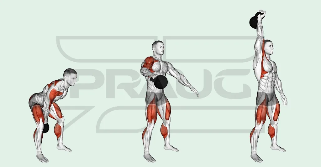 Homme penché, kettlebell entre les jambes, puis kettlebell lancée devant lui d’une main, puis bras tendu au-dessus de la tête, kettlebell sur l’avant-bras.