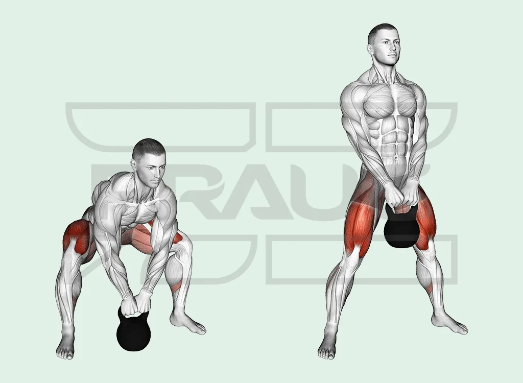 Homme pieds très écartés, pointes ouvertes, tenant une kettlebell à deux mains entre les jambes, accroupi puis debout, fessiers et cuisses colorés.