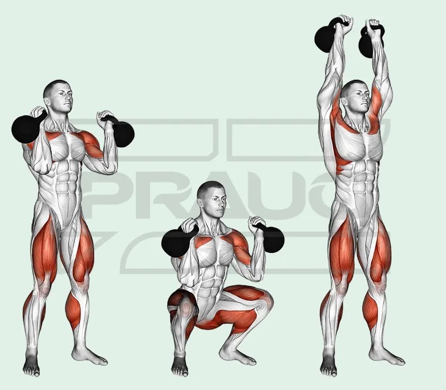 Homme tenant deux kettlebells en position rack contre les épaules, accroupi en squat, puis debout bras tendus, kettlebells au-dessus de la tête.