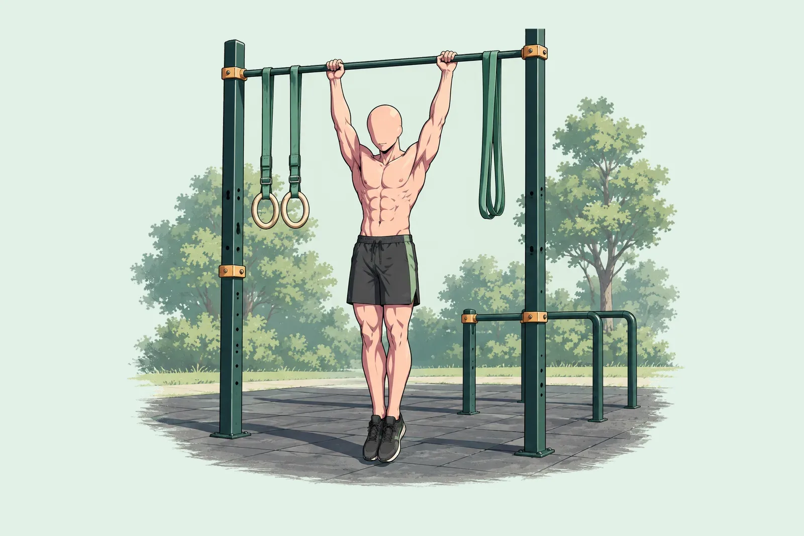 Homme suspendu à une barre de traction dans un parc de street workout, entouré d’anneaux, de barres parallèles et d’un élastique.