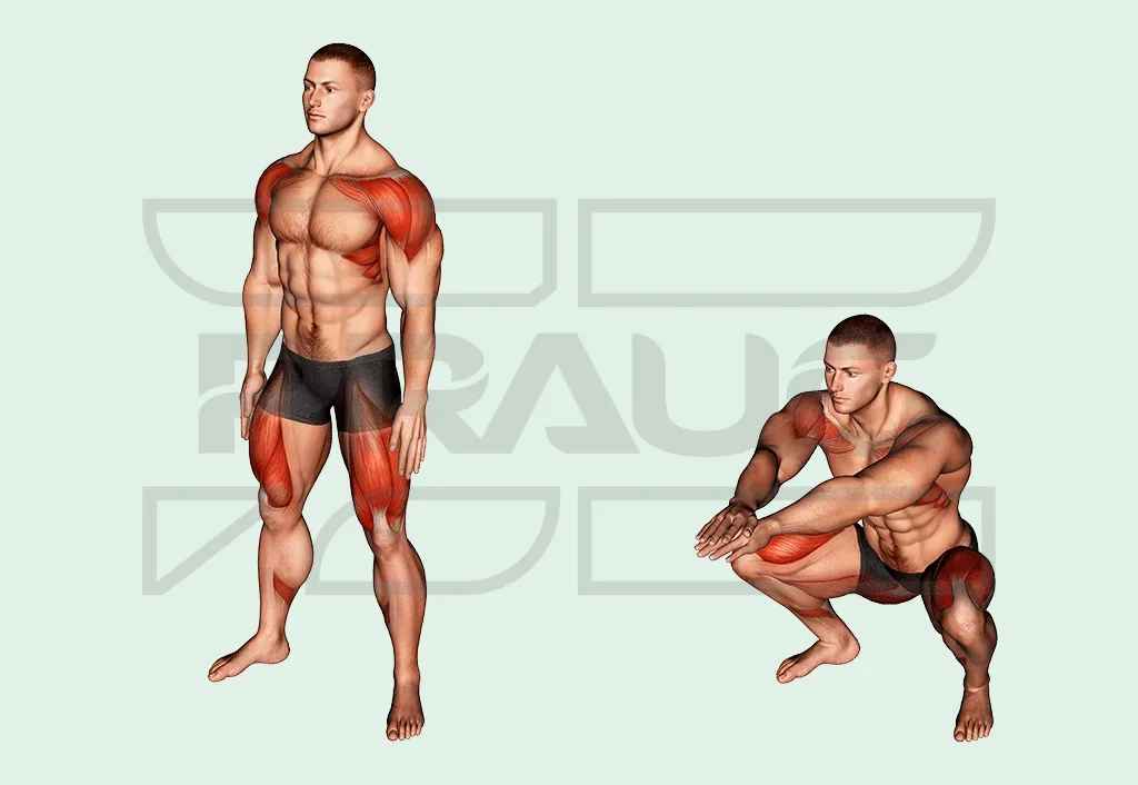 Air squat : debout, puis accroupi, cuisses sous l’horizontale et bras devant