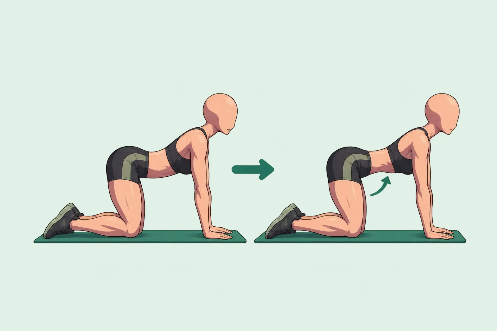 Femme à quatre pattes qui fait un stomach vacuum : dos plat et ventre relâché, puis ventre rentré vers la colonne, dos toujours plat.