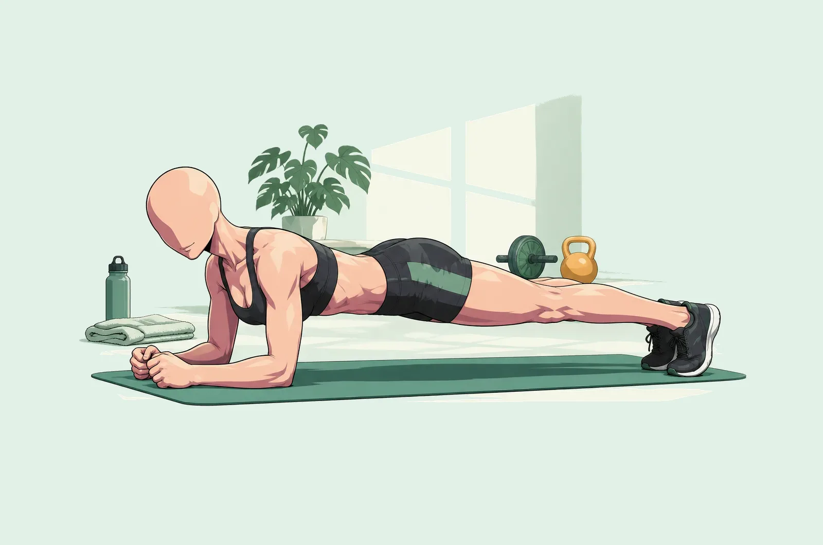 Femme en gainage planche sur un tapis, une roue abdominale et une kettlebell posées à côté d’elle.