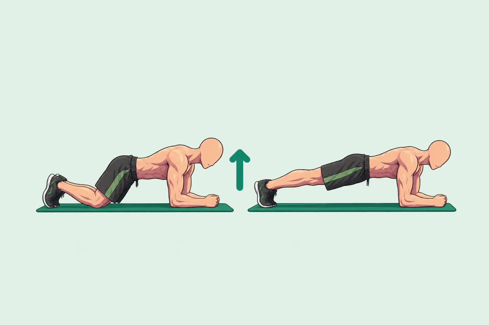 Homme qui se met en gainage frontal : à genoux sur les avant-bras, puis en appui sur les avant-bras et la pointe des pieds, corps aligné.