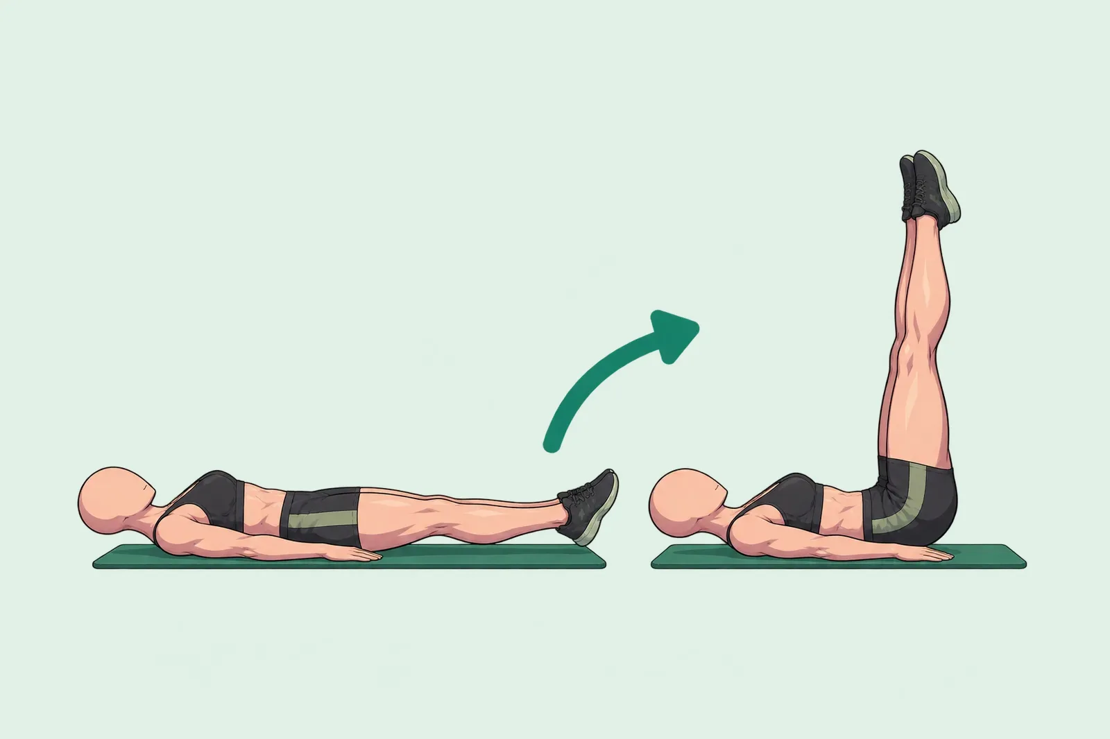 Femme allongée sur le dos qui fait des relevés de jambes : jambes tendues près du sol, puis à la verticale.