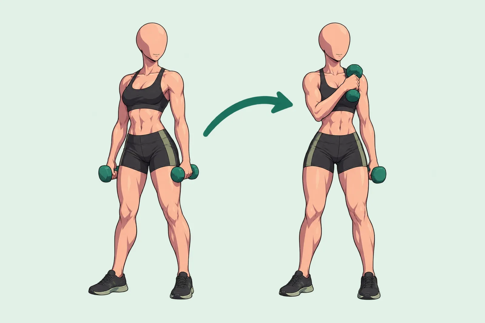 Femme debout qui fait un curl marteau croisé : haltères le long du corps, puis un haltère monté en prise neutre vers l’épaule opposée.