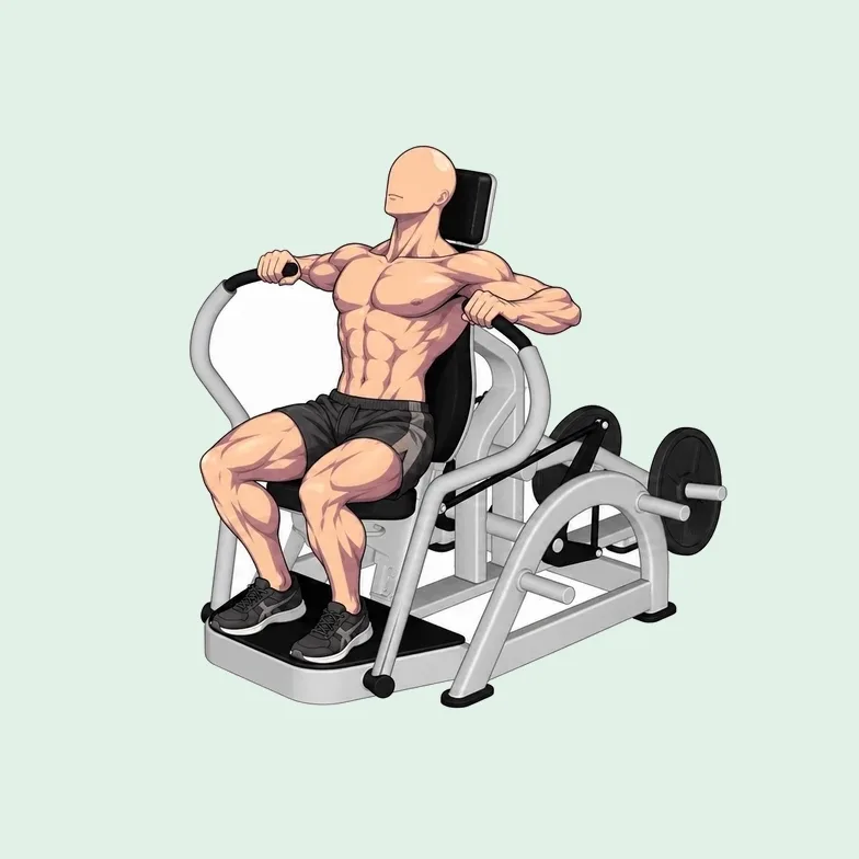 Homme assis à une chest press à disques convergente vers le bas : poignées près de la poitrine, puis bras poussés vers l’avant et vers le bas.