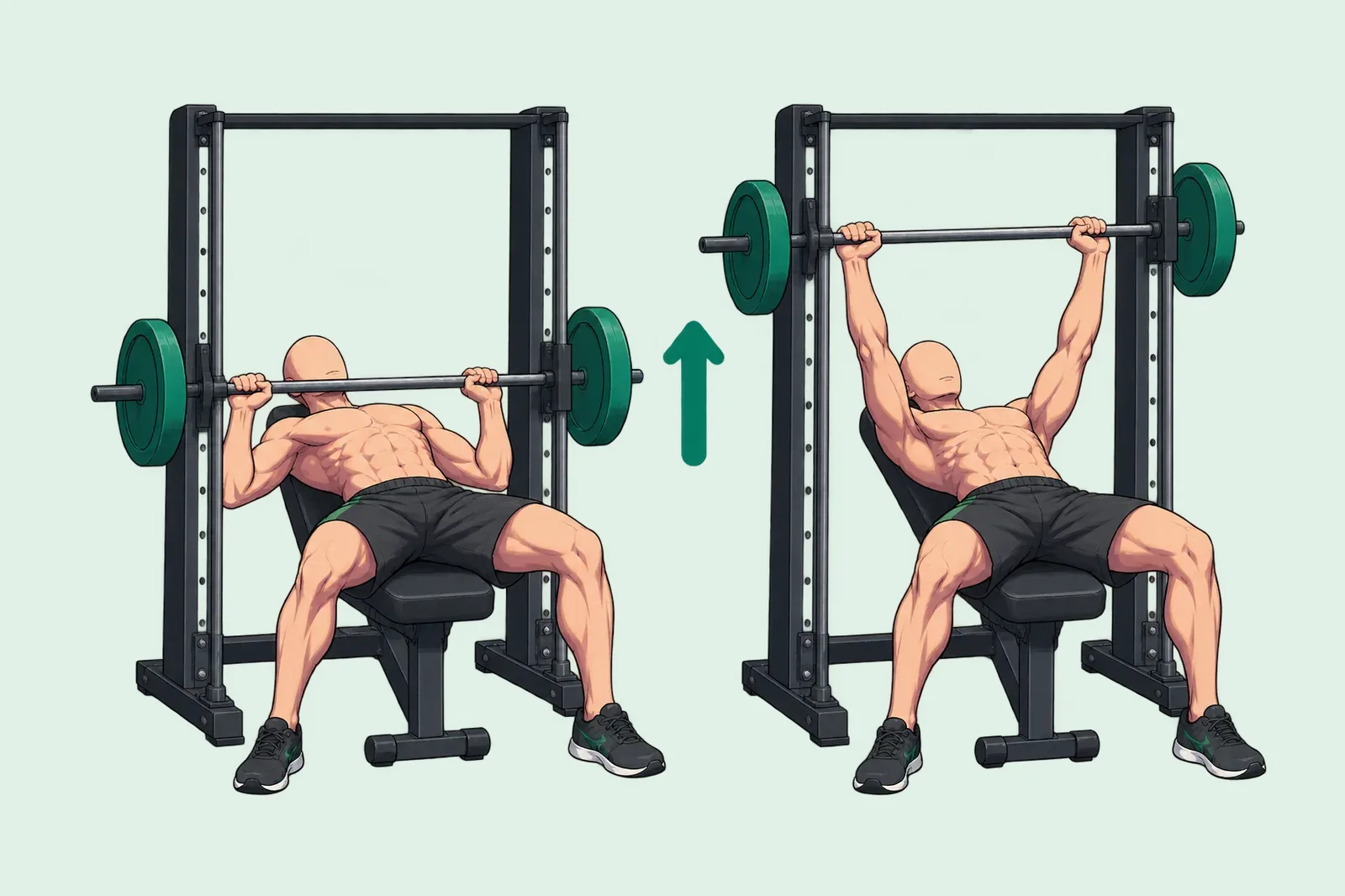 Homme allongé sur un banc dans une Smith machine qui fait un développé couché : barre descendue sur la poitrine, puis poussée bras tendus.